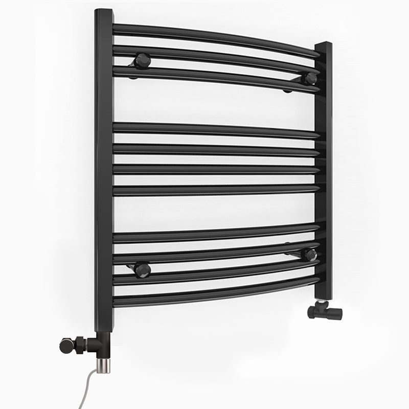 Small Dual Fuel 500mm x 600mm Matt Matt Black Curved Heated Towel Rail - (incl. Valves + Electric Heating Kit)
