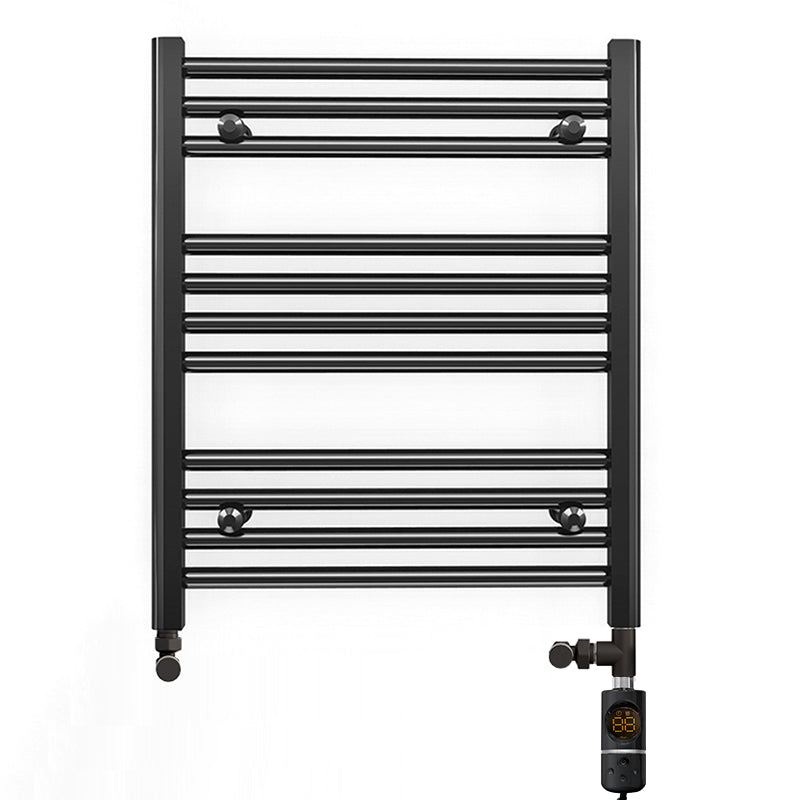 Small Dual Fuel 500mm x 600mm Straight Matt Matt Black Heated Towel Rail - (incl. Valves + Electric Heating Kit)