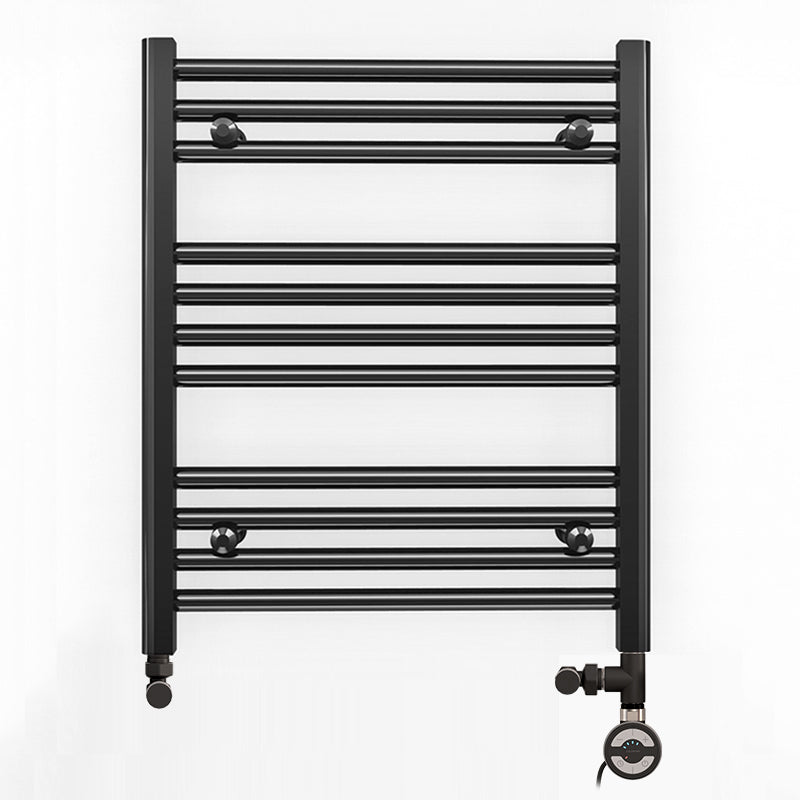 Small Dual Fuel 500mm x 600mm Straight Matt Matt Black Heated Towel Rail - (incl. Valves + Electric Heating Kit)