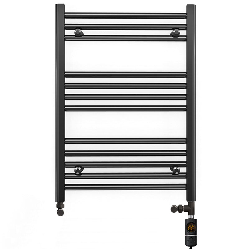 Dual Fuel 600mm x 700mm Straight Matt Matt Black Heated Towel Rail - (incl. Valves + Electric Heating Kit)
