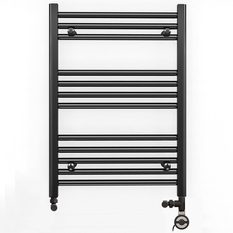 Dual Fuel 600mm x 700mm Straight Matt Matt Black Heated Towel Rail - (incl. Valves + Electric Heating Kit)