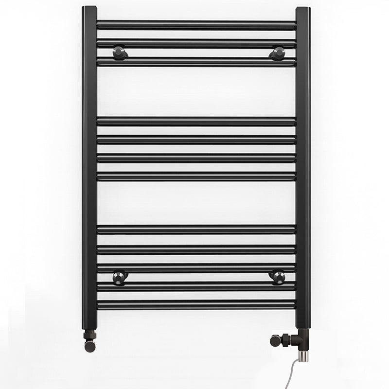 Dual Fuel 600mm x 700mm Straight Matt Matt Black Heated Towel Rail - (incl. Valves + Electric Heating Kit)
