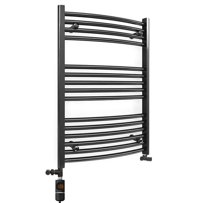 Small Dual Fuel 500mm x 800mm Matt Matt Black Curved Heated Towel Rail - (incl. Valves + Electric Heating Kit)