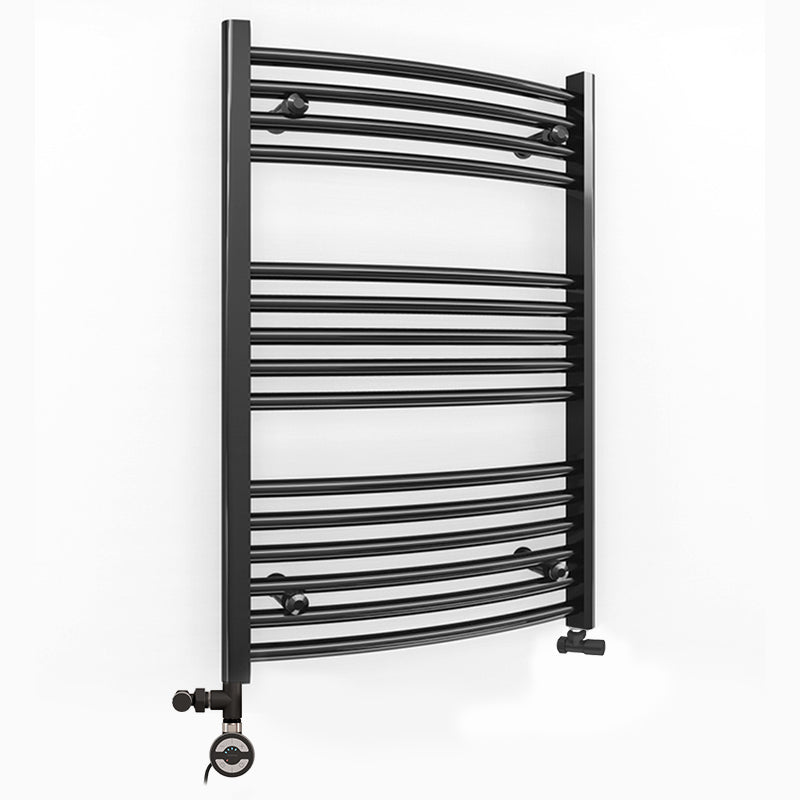 Small Dual Fuel 500mm x 800mm Matt Matt Black Curved Heated Towel Rail - (incl. Valves + Electric Heating Kit)