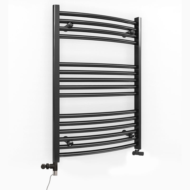 Small Dual Fuel 500mm x 800mm Matt Matt Black Curved Heated Towel Rail - (incl. Valves + Electric Heating Kit)