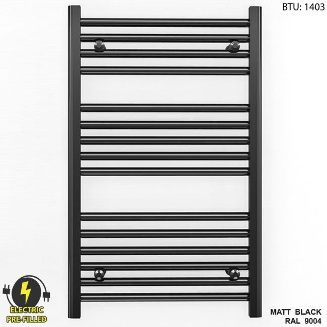 Small 550mm x 800mm Straight Matt Black Electric Pre-Filled Heated Towel Rail Radiator