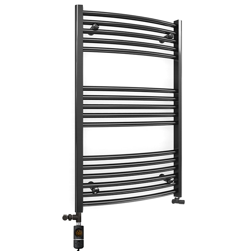Small Dual Fuel 500mm x 900mm Matt Matt Black Curved Heated Towel Rail - (incl. Valves + Electric Heating Kit)
