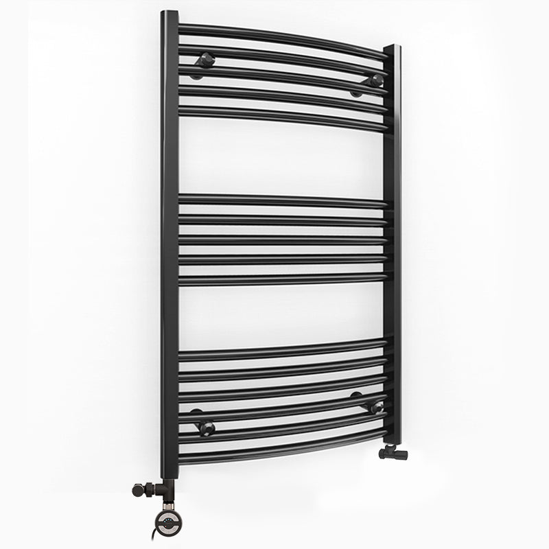 Small Dual Fuel 500mm x 900mm Matt Matt Black Curved Heated Towel Rail - (incl. Valves + Electric Heating Kit)