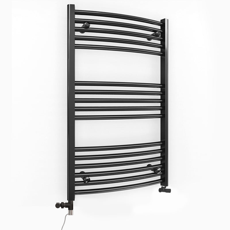 Small Dual Fuel 500mm x 900mm Matt Matt Black Curved Heated Towel Rail - (incl. Valves + Electric Heating Kit)