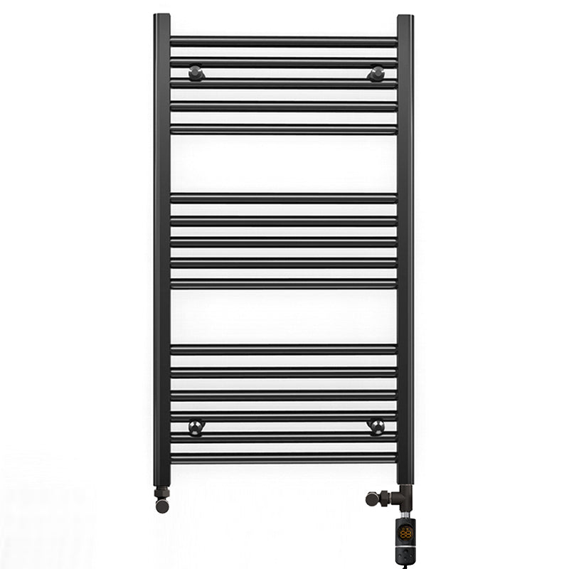 Dual Fuel 600mm x 900mm Straight Matt Matt Black Heated Towel Rail - (incl. Valves + Electric Heating Kit)