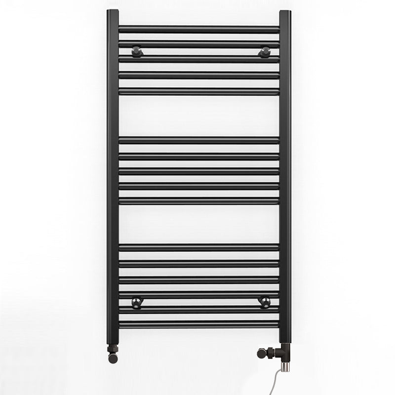 Dual Fuel 600mm x 900mm Straight Matt Matt Black Heated Towel Rail - (incl. Valves + Electric Heating Kit)