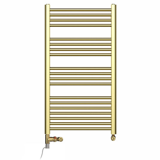 Dual Fuel 550mm x 1000mm Shiny Gold Heated Towel Rail Radiator- (incl. Valves + Electric Heating Kit)
