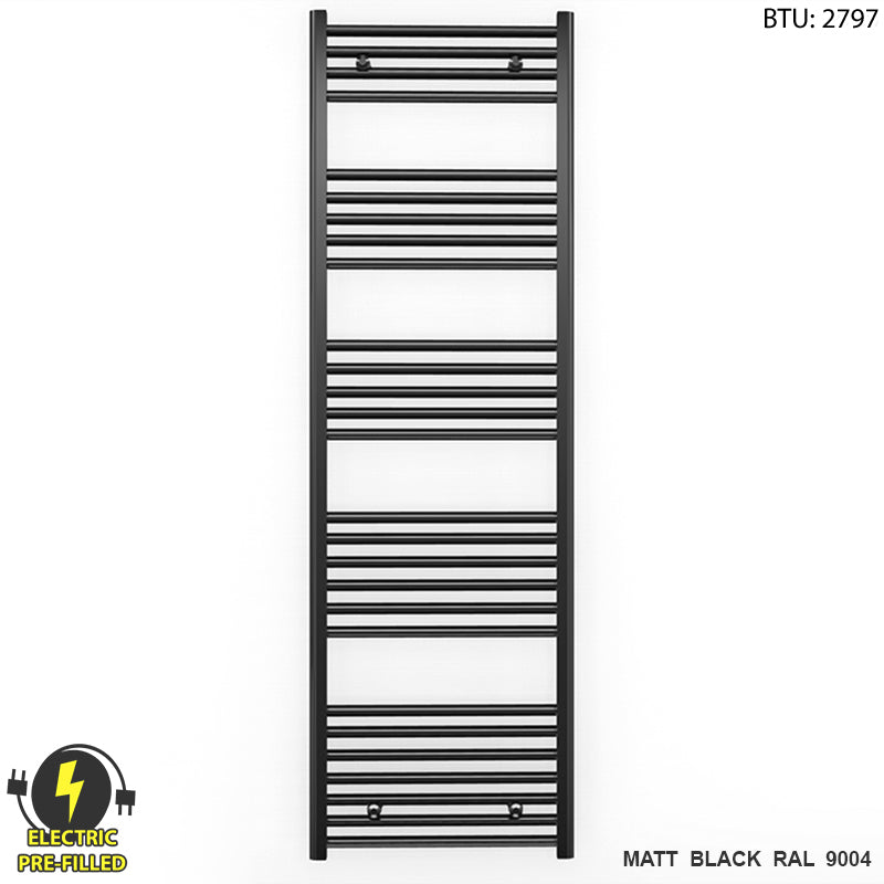 600mm x 1600mm Straight Matt Black Electric Pre-Filled Heated Towel Rail Radiator