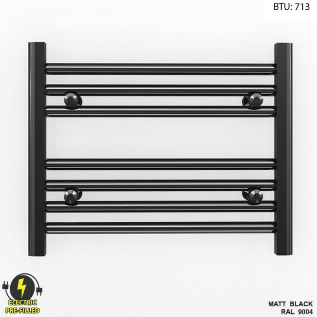 600mm x 400mm Straight Matt Black Electric Pre-Filled Heated Towel Rail Radiator