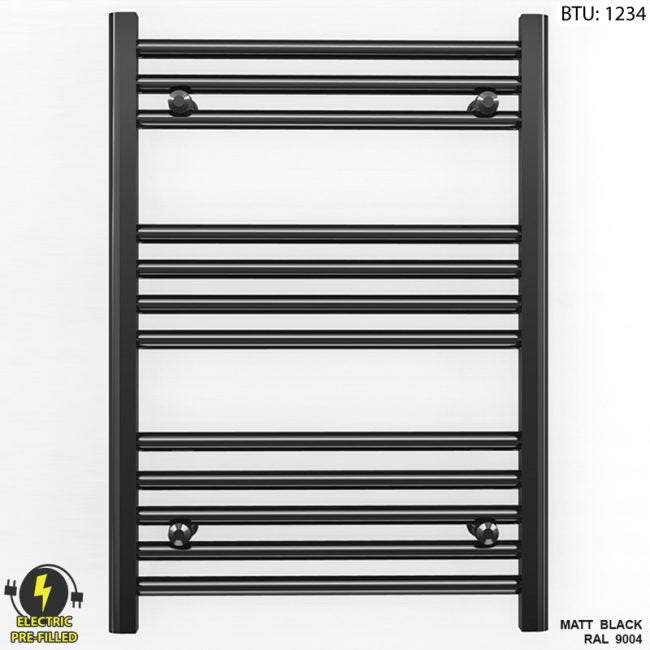 600mm x 700mm Straight Matt Black Electric Pre-Filled Heated Towel Rail Radiator
