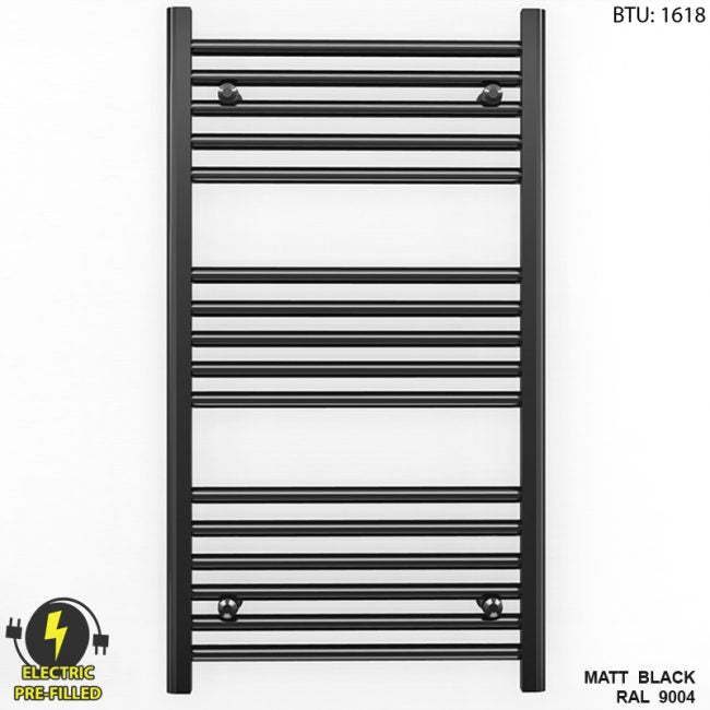 600mm x 900mm Straight Matt Black Electric Pre-Filled Heated Towel Rail Radiator