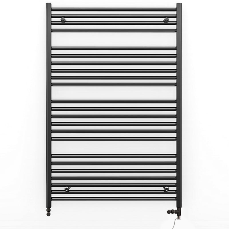 Dual Fuel 700mm x 1200mm Straight Matt Matt Black Heated Towel Rail - (incl. Valves + Electric Heating Kit)