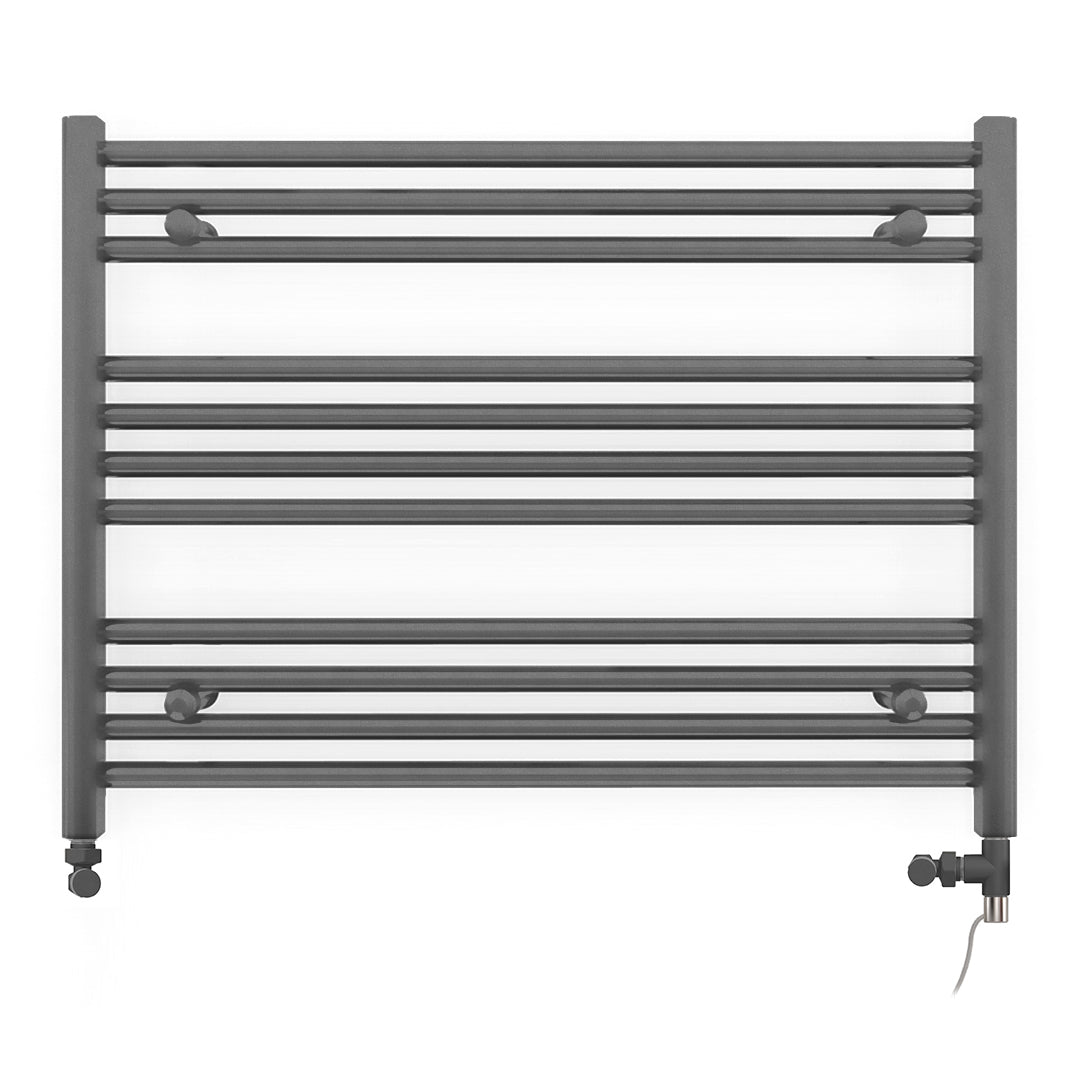 Dual Fuel 900mm x 600mm Straight Anthracite Grey Heated Towel Rail - (incl. Valves + Electric Heating Kit)