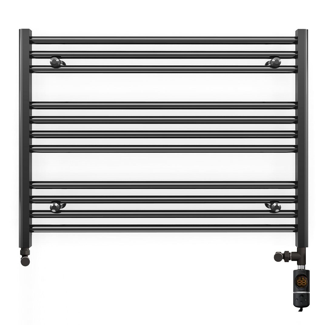 Dual Fuel 800mm x 600mm Straight Matt Matt Black Heated Towel Rail - (incl. Valves + Electric Heating Kit)