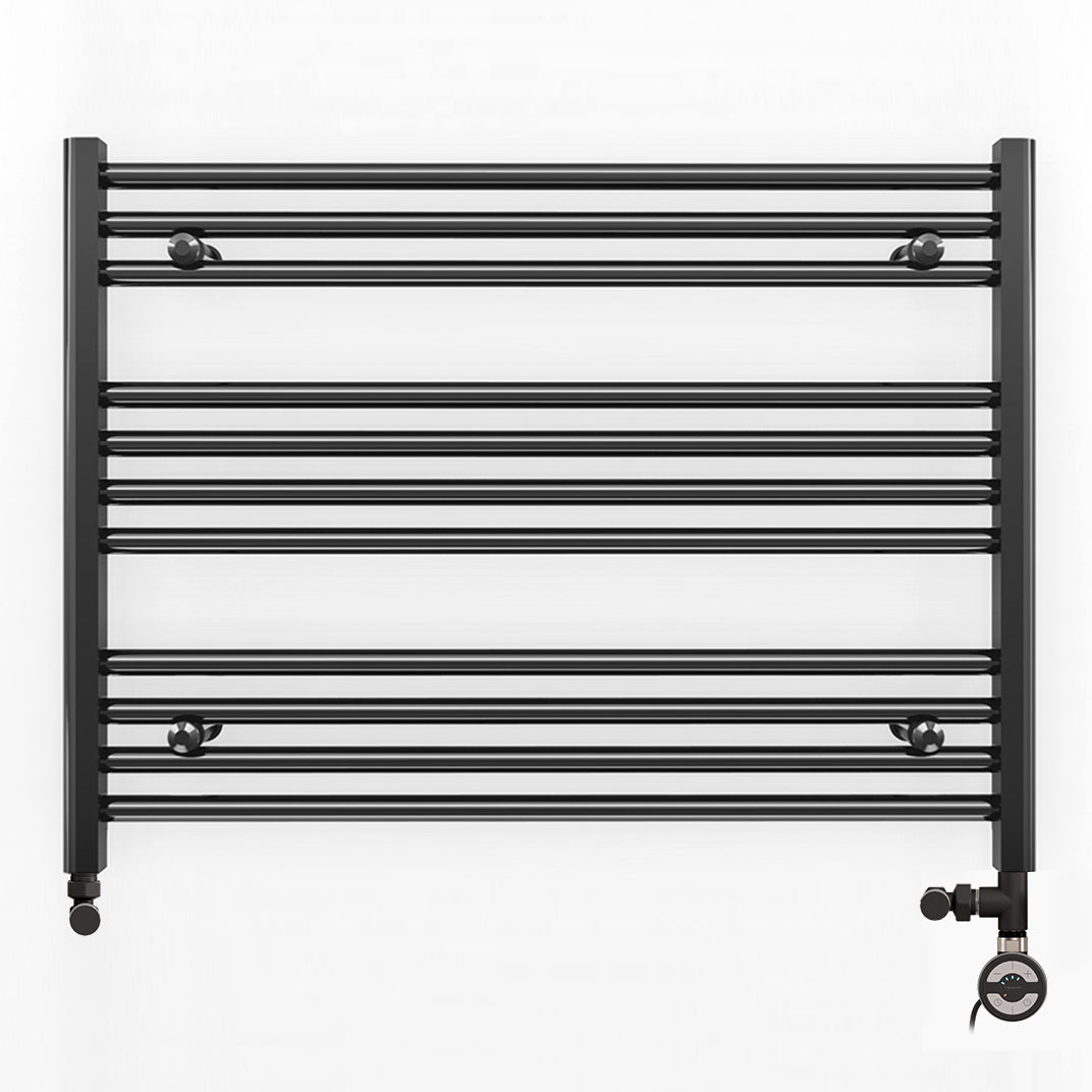 Dual Fuel 700mm x 600mm Straight Matt Matt Black Heated Towel Rail - (incl. Valves + Electric Heating Kit)