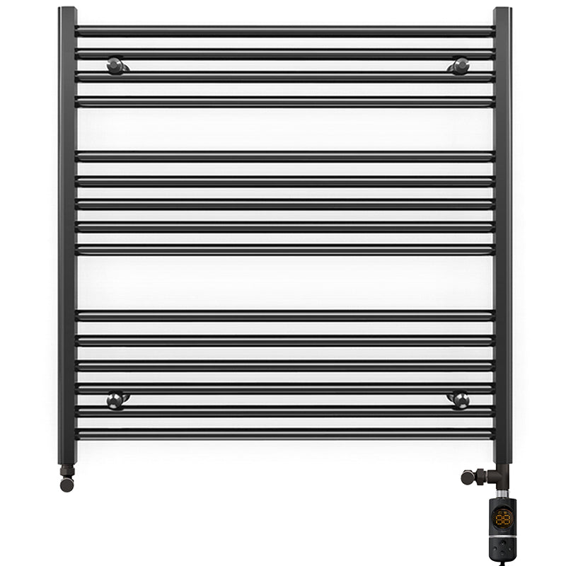 Dual Fuel 700mm x 800mm Straight Matt Matt Black Heated Towel Rail - (incl. Valves + Electric Heating Kit)