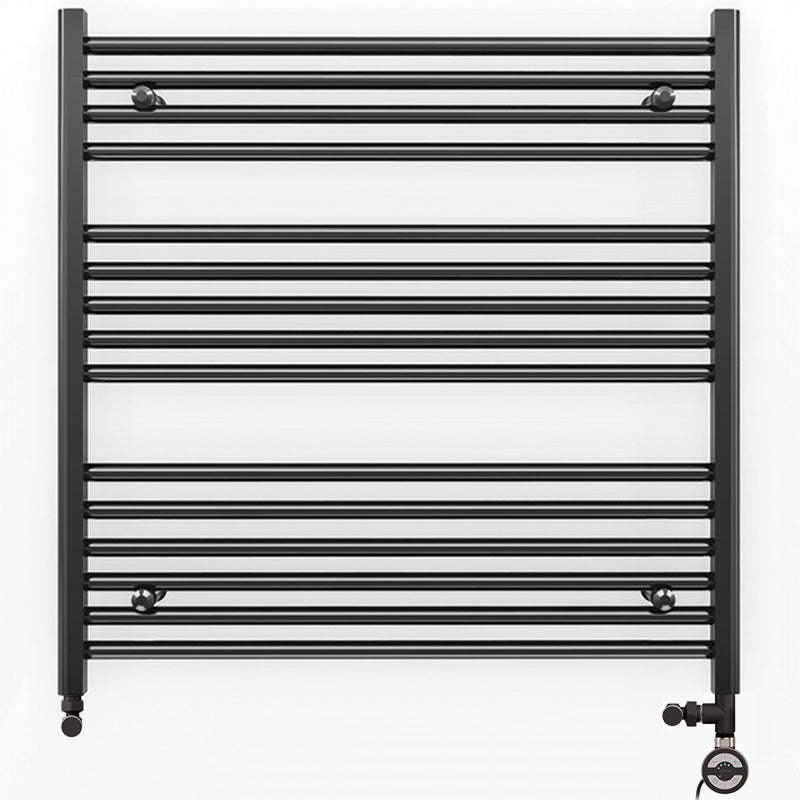 Dual Fuel 700mm x 800mm Straight Matt Matt Black Heated Towel Rail - (incl. Valves + Electric Heating Kit)