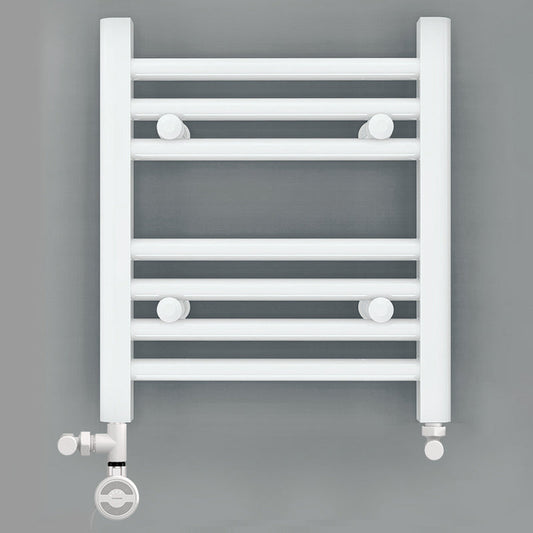 Small Dual Fuel 300mm x 400mm Straight White Heated Towel Rail - (incl. Valves + Electric Heating Kit)