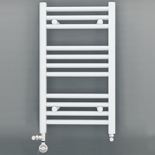 Small Dual Fuel 300mm x 600mm Straight White Heated Towel Rail - (incl. Valves + Electric Heating Kit)