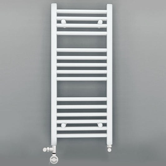 Small Dual Fuel 500mm x 800mm Straight White Heated Towel Rail - (incl. Valves + Electric Heating Kit)