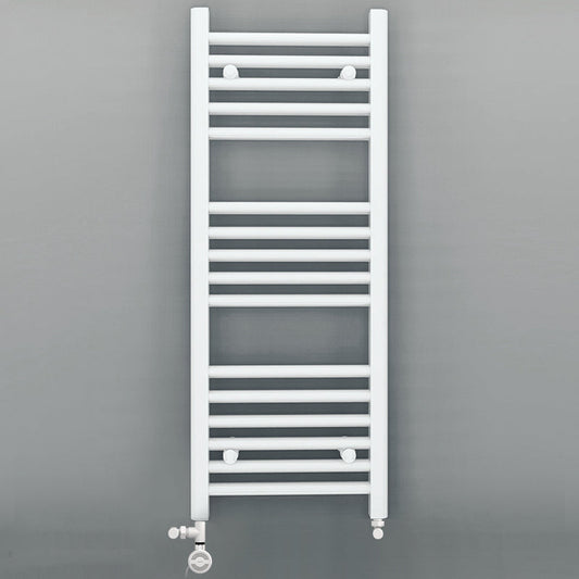Small Dual Fuel 300mm x 900mm Straight White Heated Towel Rail - (incl. Valves + Electric Heating Kit)