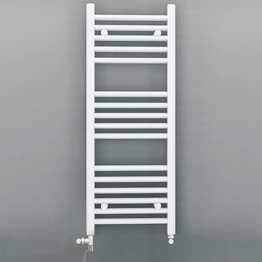 Dual Fuel 400mm x 900mm Straight White Heated Towel Rail - (incl. Valves + Electric Heating Kit)