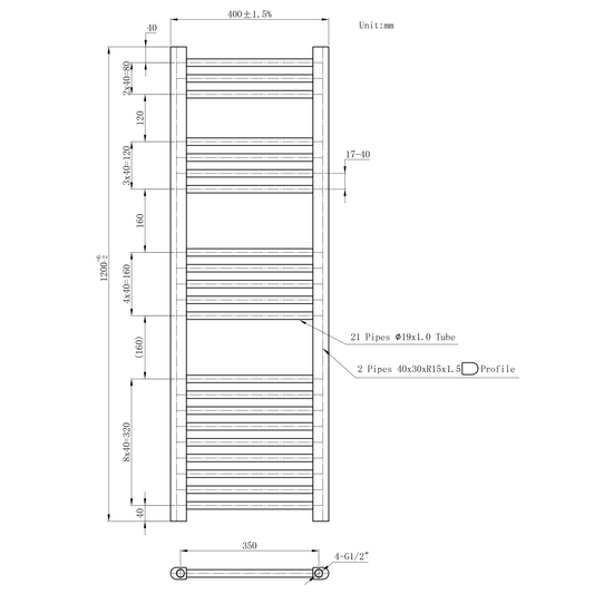 400 x 1200mm White Heated Towel Rail Radiator | Central Heating 19mm Tube