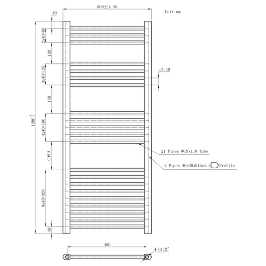 500 x 1200mm Black Heated Towel Rail Radiator | Electric 19mm Tube