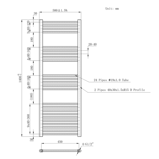500 x 1400mm Black Heated Towel Rail Radiator | Electric 19mm Tube