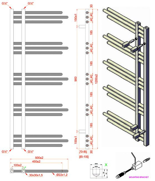 500 x 1200mm Small Sydney Matt Black Dual Fuel Designer Heated Towel Rail