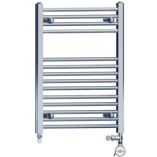 Dual Fuel 500 x 750mm High Flat Chrome Heated Towel Rail Radiator Stock Clearance - (incl. Valves + Electric Heating Kit)