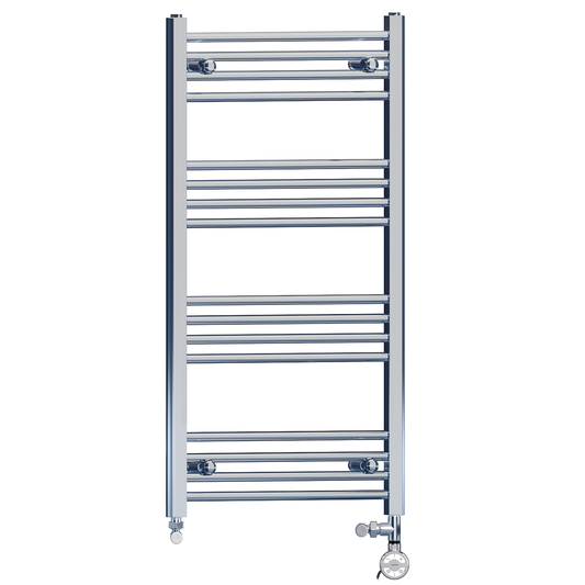 Dual Fuel 550 x 1000mm High Flat Chrome Heated Towel Rail Radiator Stock Clearance - (incl. Valves + Electric Heating Kit)
