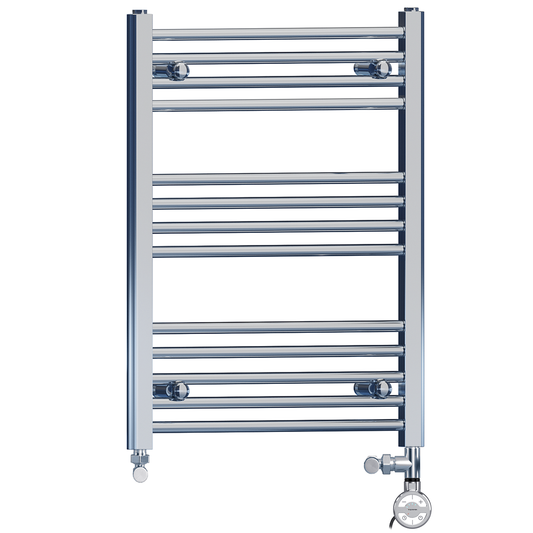 Dual Fuel 600 x 700mm High Flat Chrome Heated Towel Rail Radiator Stock Clearance - (incl. Valves + Electric Heating Kit)