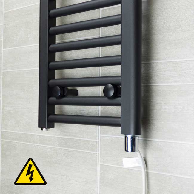 Small 500mm x 800mm Straight Matt Black Electric Pre-Filled Heated Towel Rail Radiator 25mm Tube