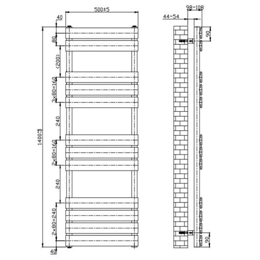 Dual Fuel -500 x 1200mm Straight Gold Panel Heated Towel Rail - (incl. Valves + Electric Heating Kit)