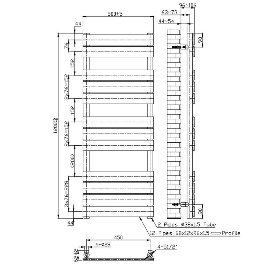 500mm Wide  x 1200mm Matt Black Designer Bathroom Electric Heated Panel Towel Rail Radiator