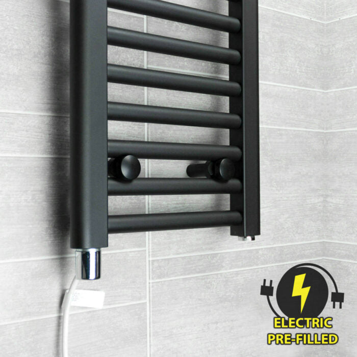 900mm x 600mm Straight Matt Black Electric Pre-Filled Heated Towel Rail Radiator