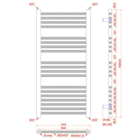 Dual Fuel 500mm x 1000mm Shiny Gold Heated Towel Rail Radiator- (incl. Valves + Electric Heating Kit)