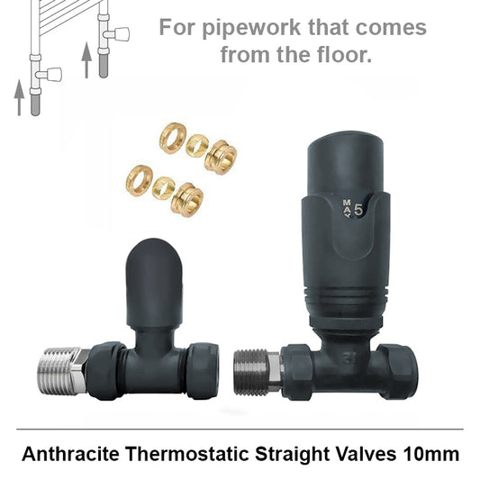 Standard Anthracite Straight Thermostatic Radiator Valves 10mm Pair