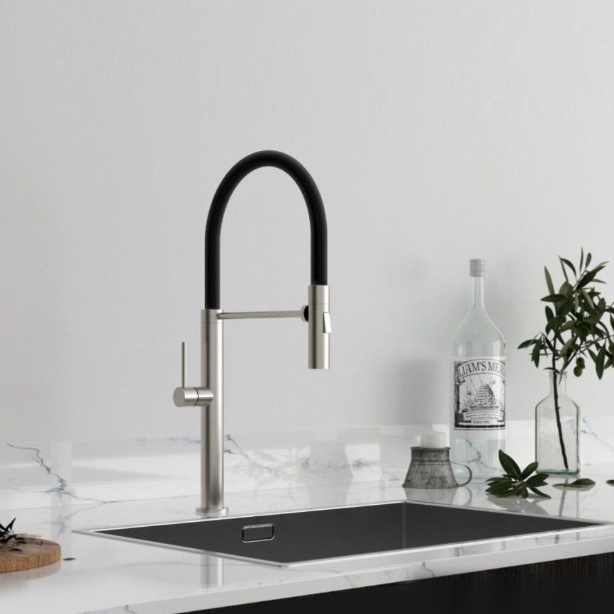 Stainless Steel Kitchen Faucet 360 Flexible Bendable Swivel Dual Spray Chrome Tap Mixer Black Hose Model KPY-3133
