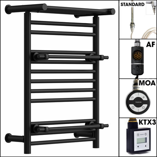 490 x 680mm Wide Black Electric Towel Rail Radiator Top Shelf & Two Towel Holder OSLO For Bathroom & Kitchen