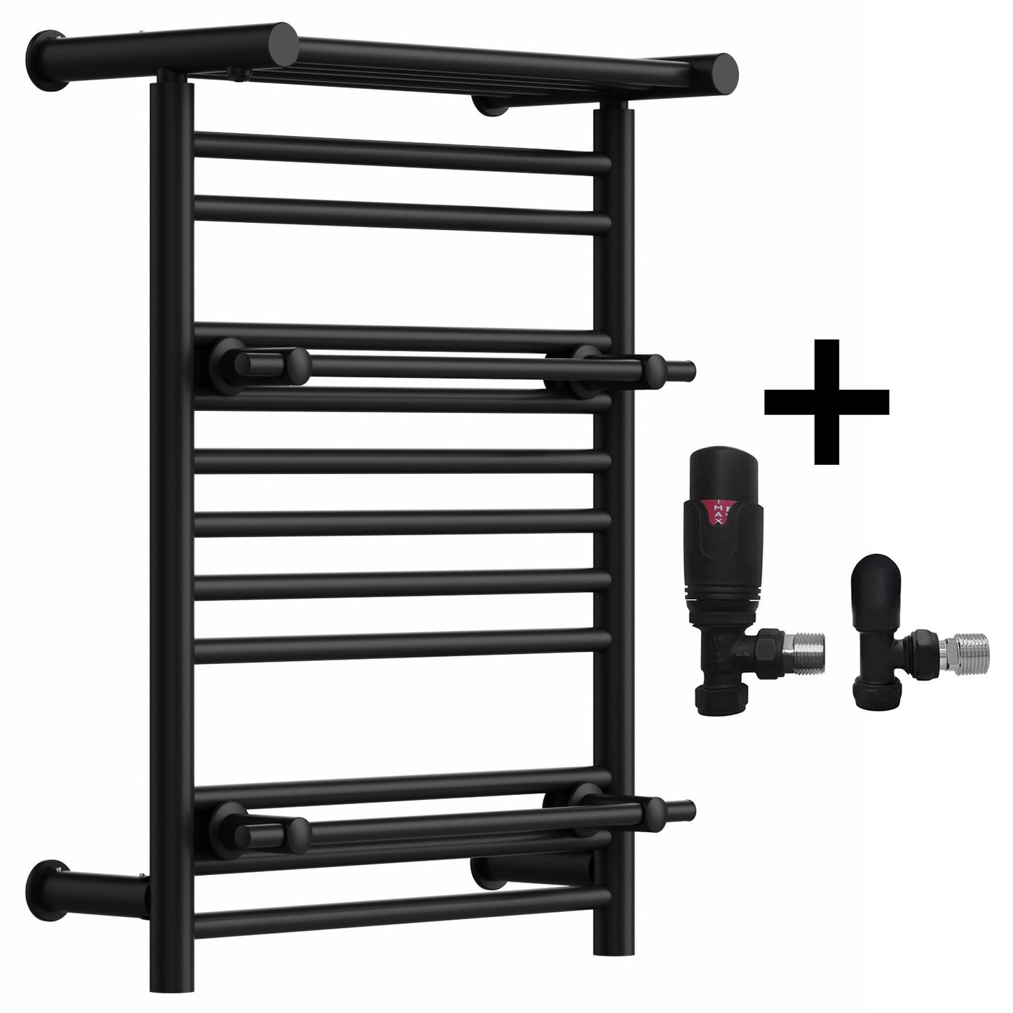 Towel Rail Radiator With a ShelfonTopandAdditionalhangers Bathroom FurtnitureHeater in black TRV angled valves