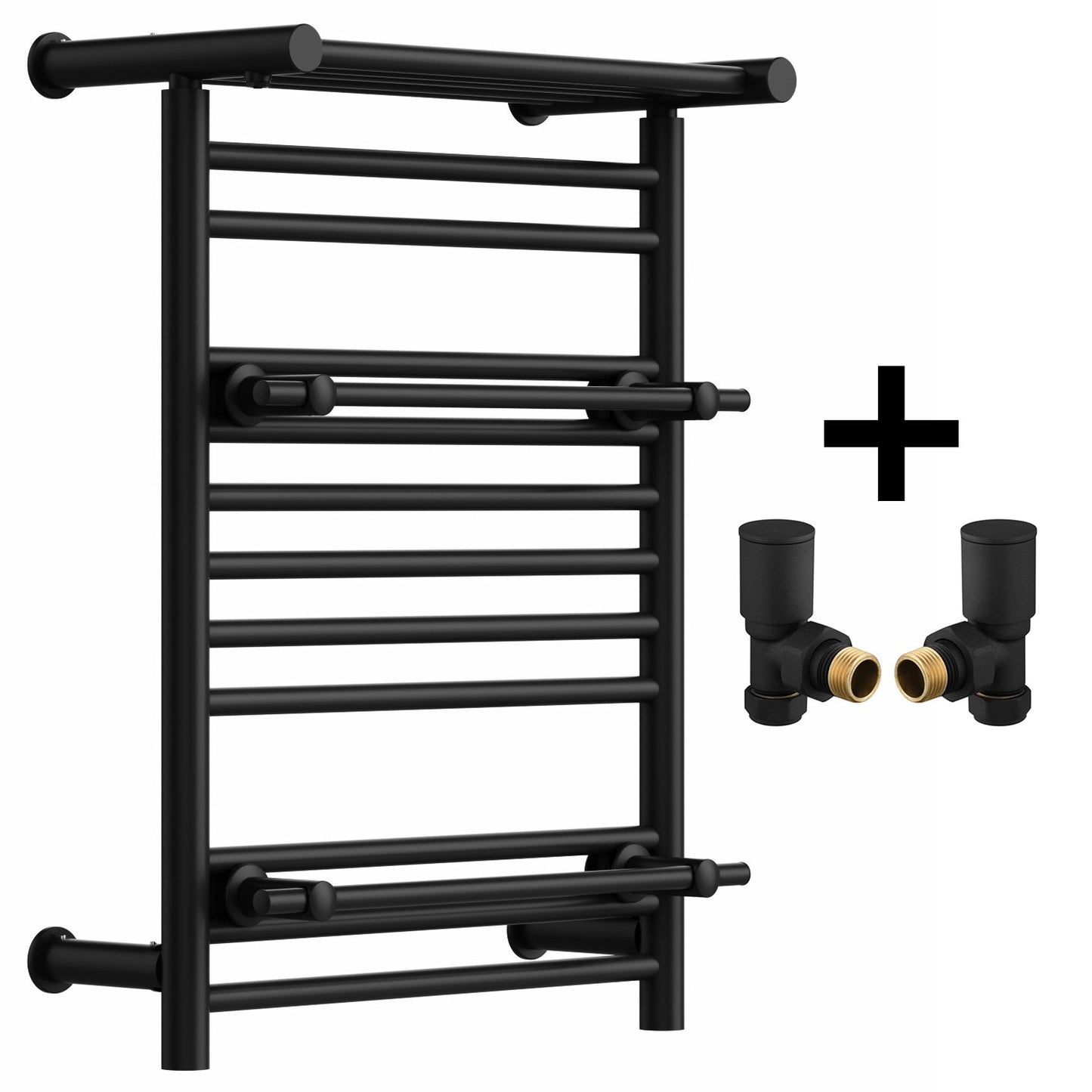 Towel Rail Radiator With a ShelfonTopandAdditionalhangers Bathroom FurtnitureHeater in black angled valves