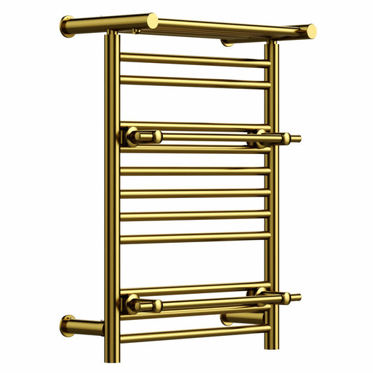 490mm Wide x 680mm Wide Gold Heated Towel Rail Radiator Top Shelf & Two Towel Holder OSLO For Bathroom & Kitchen
