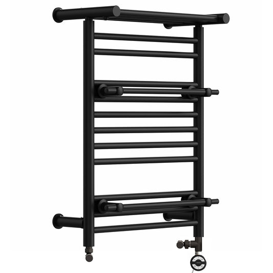 490 x 680mm Dual Fuel Black Towel Rail Radiator Top Shelf & Two Towel Holder OSLO For Bathroom & Kitchen